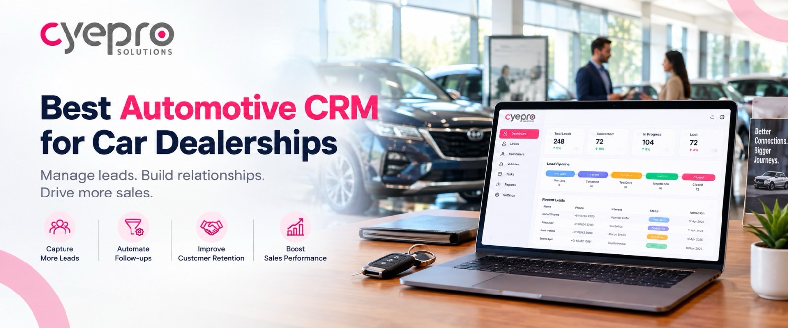 Cyepro automotive CRM displayed on a laptop in a car dealership, highlighting lead capture, follow-ups, customer retention and sales performance