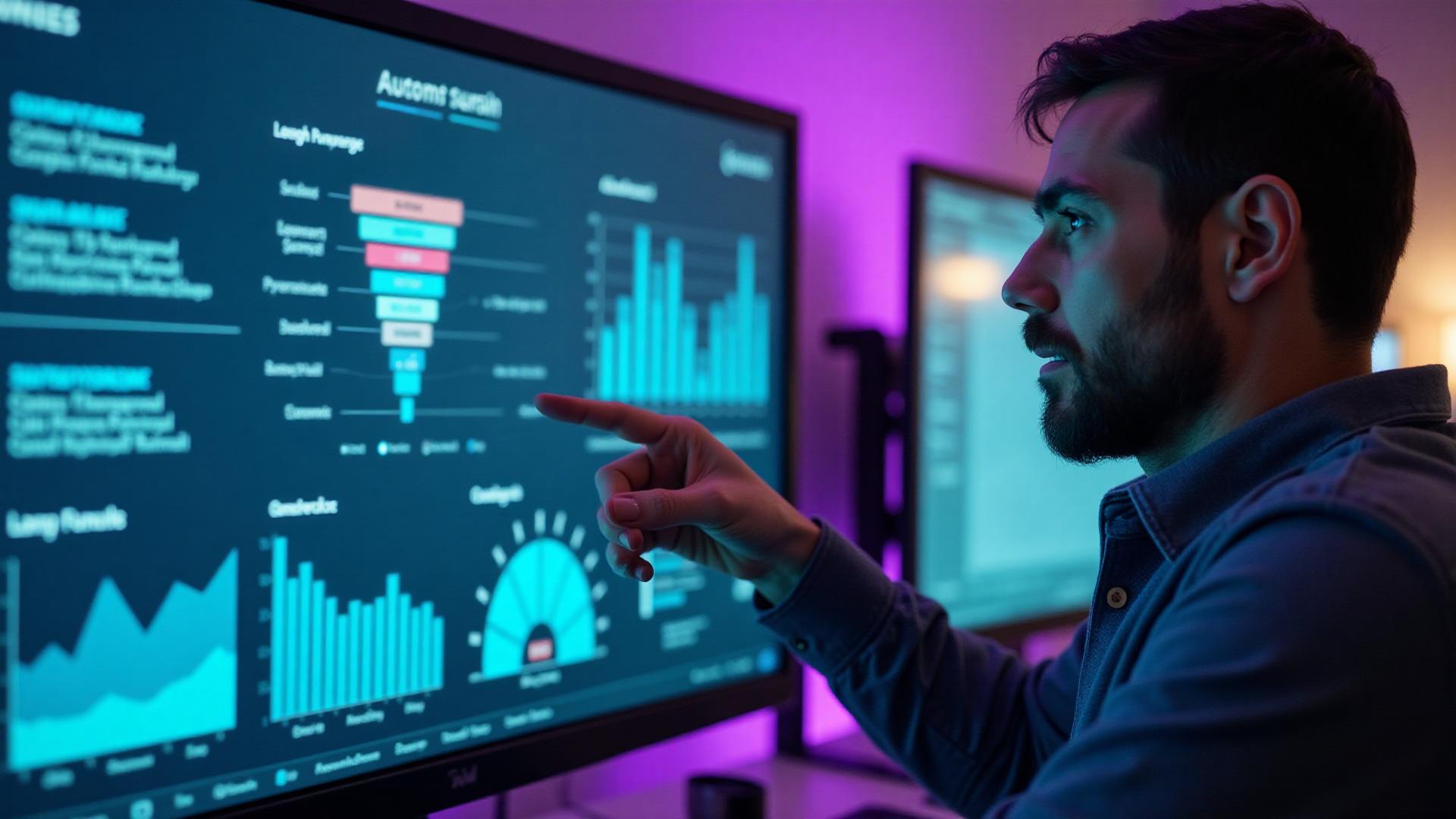 Sales analyst reviewing charts on a large dashboard screen
