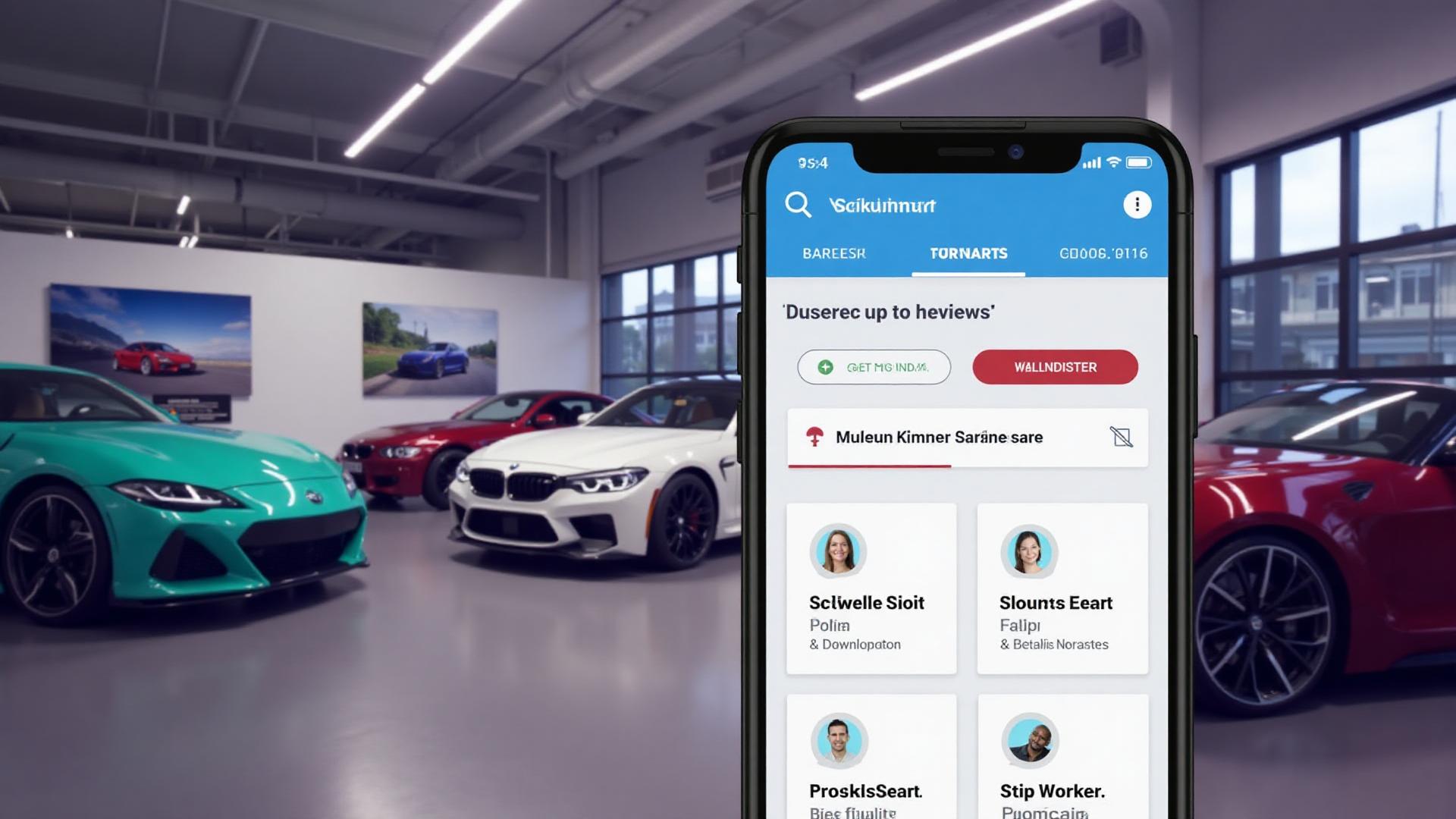 Mobile sales app displayed in front of cars at a dealership