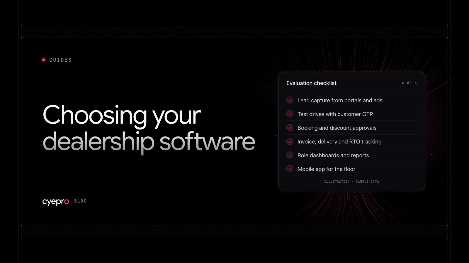 Cyepro blog cover: “Choosing your dealership software” with an evaluation checklist (illustration)