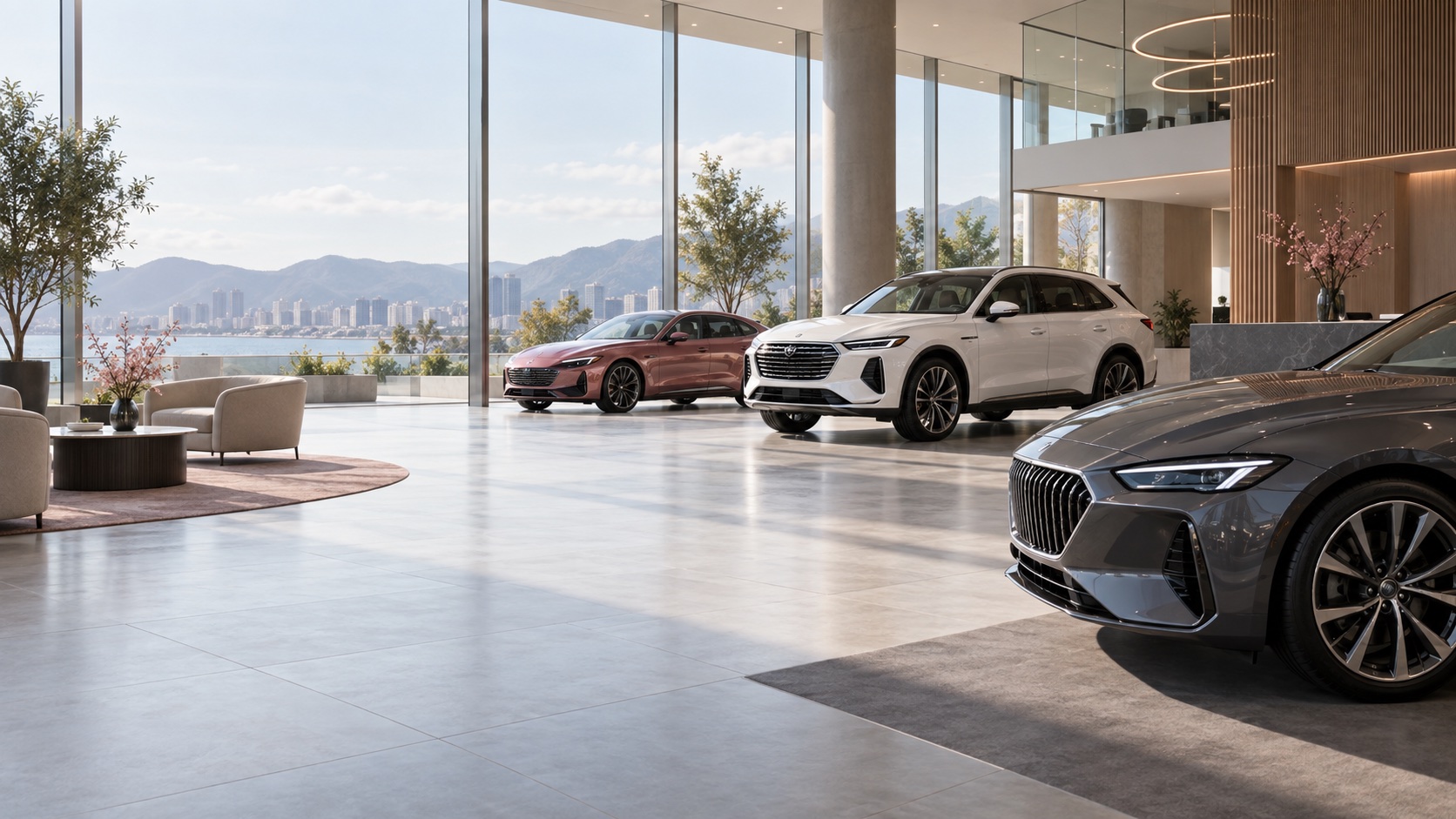 Modern automotive dealership showroom with several vehicles